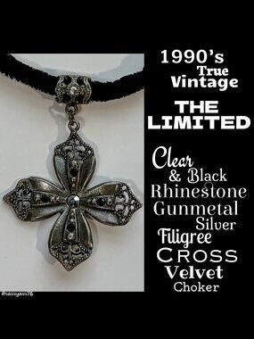 🆕VTG▪️THE LIMITED▪️90's Rhinestone Gunmetal Silver Filigree Cross Velvet Choker